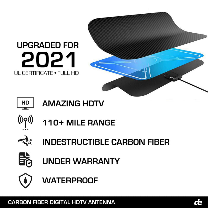 Carbon Fiber HD-TV Long Range Digital Antenna + Amplifier multi home use upgraded 2021